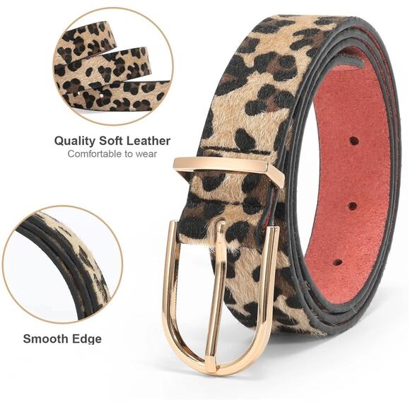 Leopard Belt Faux Animal Hair Suede Leather Back 1” Gold-tone Buckle 25”-33” - Picture 2 of 7